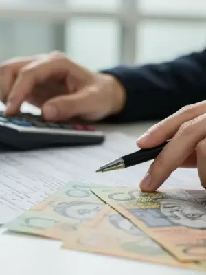 Hands calculating superannuation contributions with Australian dollars and statements.