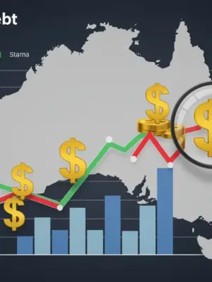 Chart showing a 15% increase in Australian household debt, with rising trend and dollar signs.