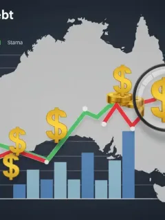 Chart showing a 15% increase in Australian household debt, with rising trend and dollar signs.