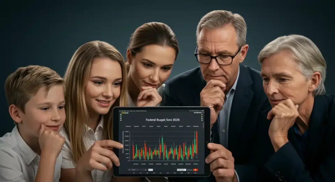 Diverse Australians analysing economic charts, reflecting Federal Budget 2026 impacts.
