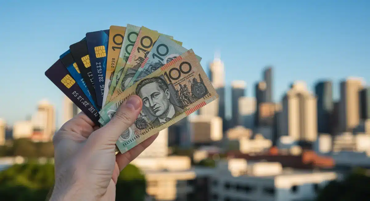 Hand holding Australian dollar banknotes and credit cards, representing debt accumulation.