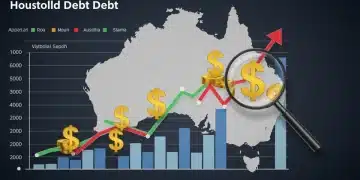 Chart showing a 15% increase in Australian household debt, with rising trend and dollar signs.