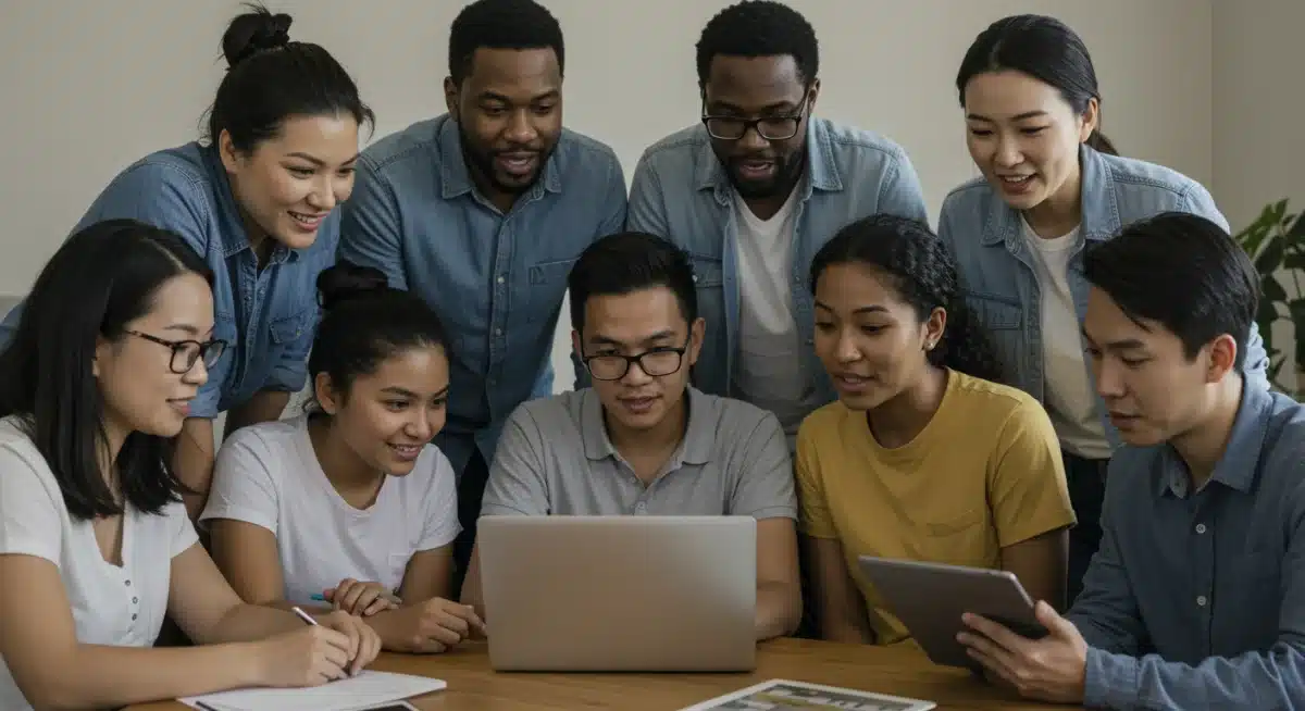 Diverse group of Australians discussing property market trends on a digital device.