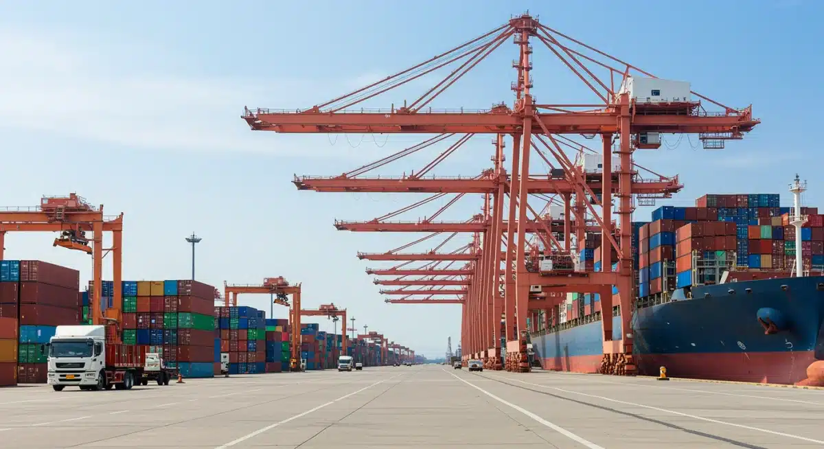 Busy port with container ships and cranes, illustrating logistics infrastructure improvements
