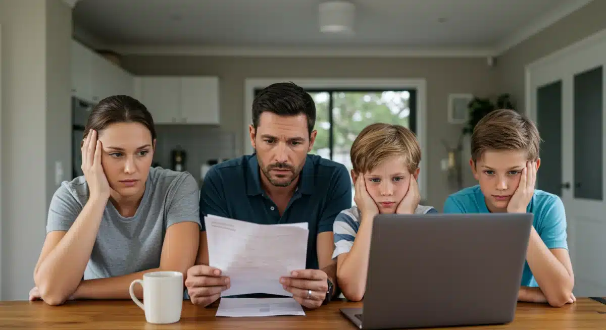 Concerned Australian family reviewing finances, highlighting impact of rising debt.
