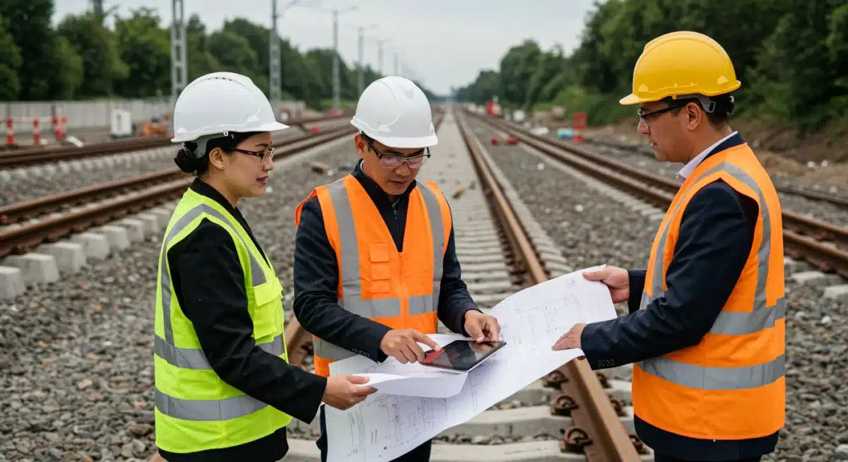 Engineers reviewing plans for new railway infrastructure project in Australia