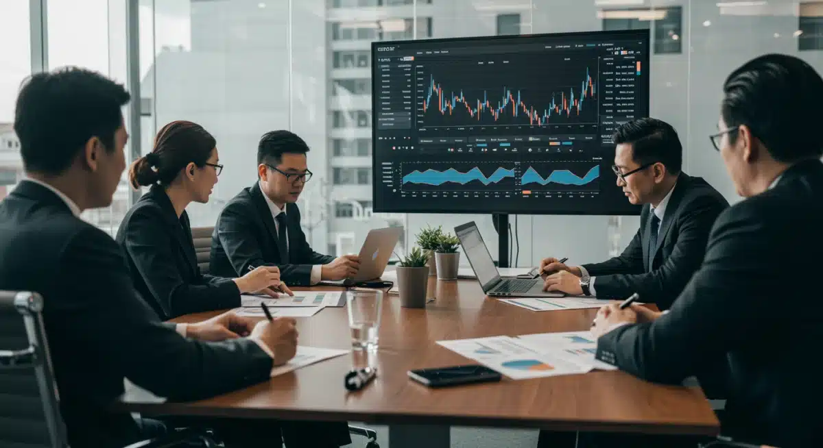 Financial experts in a meeting room, intensely analysing charts and data related to the ASX 200 market performance and economic forecasts.