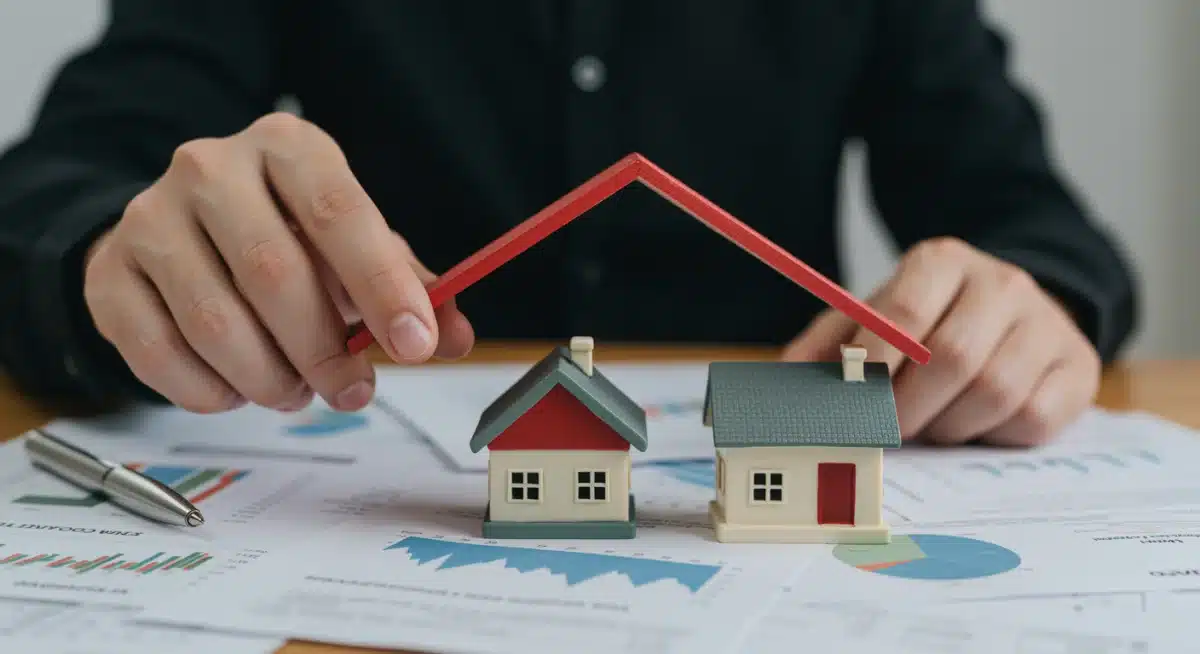 Symbolic image of financial protection, with a hand placing a roof over miniature houses, representing safeguarding investments during an ASX 200 market downturn.