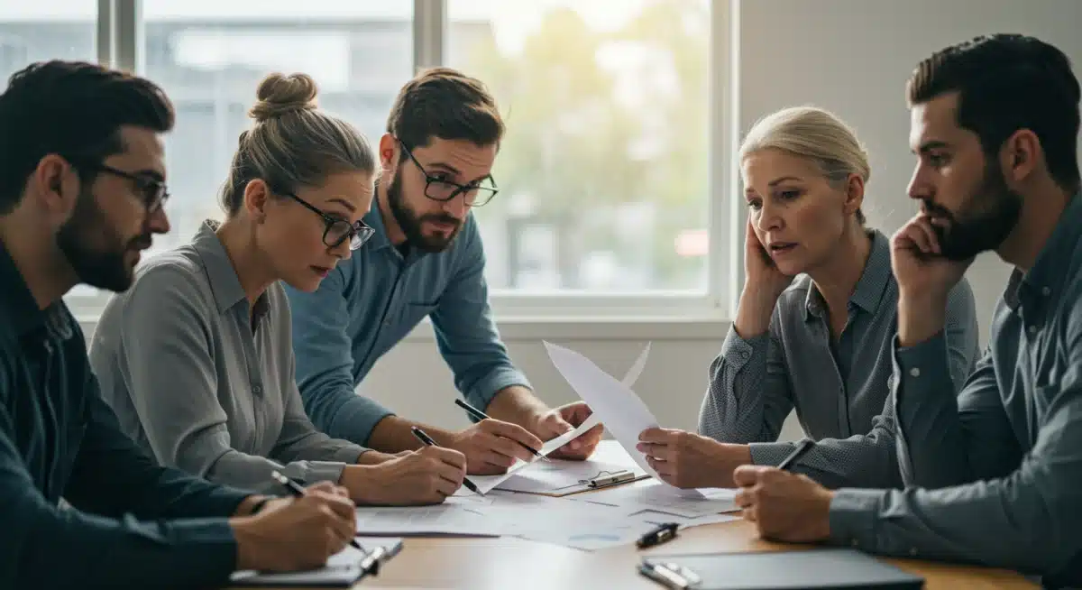 Concerned Australian small business owners discussing financial documents regarding tax changes.