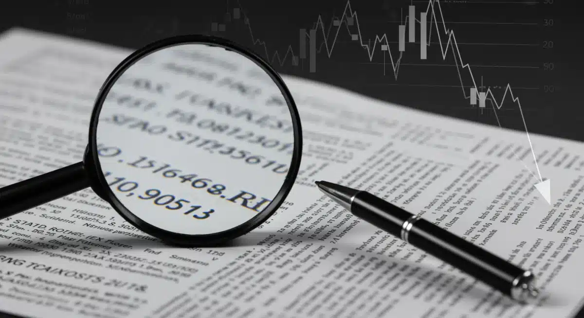 Magnifying glass over complex tax law text, with a background graph showing a decline for small businesses.